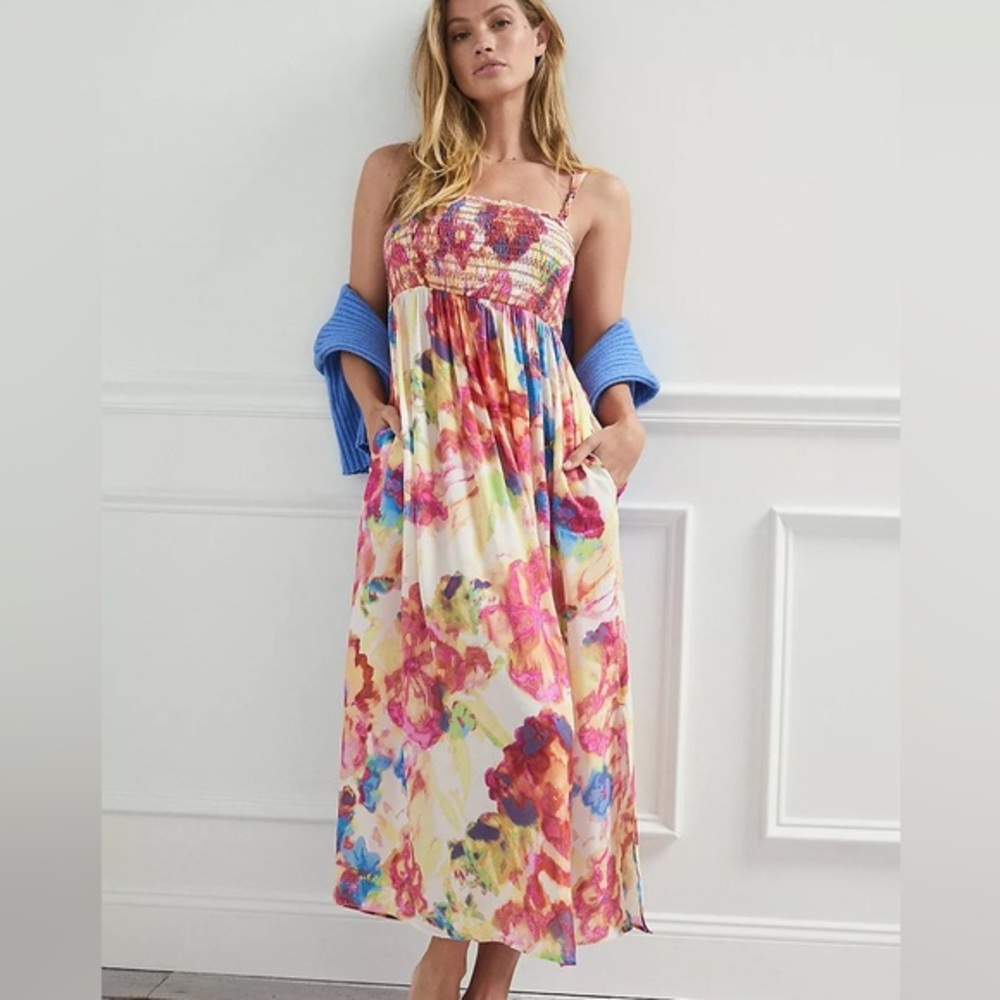 Anthropologie Zinnia Colorful Printed Smocked Midi Dress - Picture 1 of 9